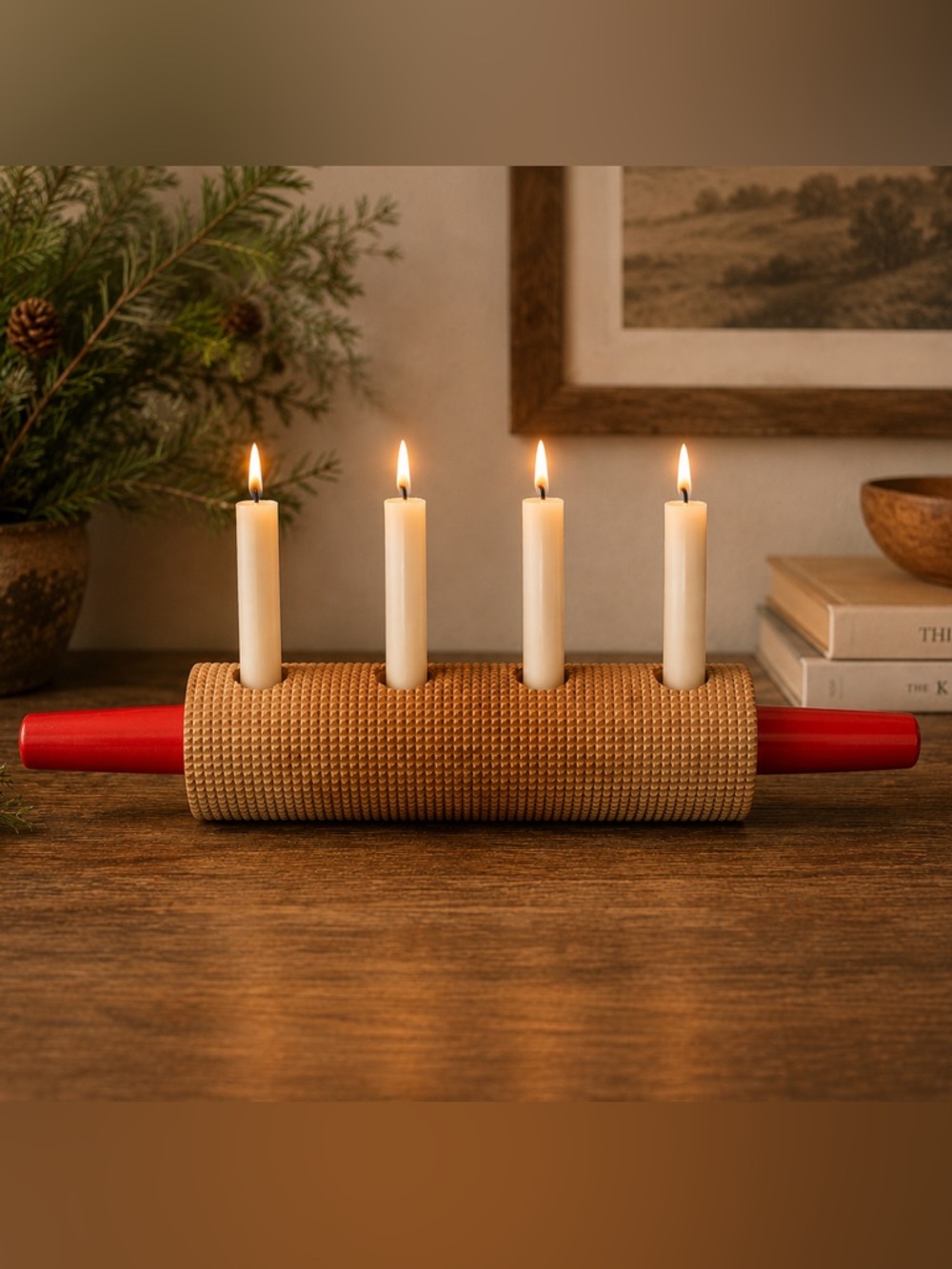 Vintage Scandinavian Folk Art Wooden Advent Candle Holder Red Handle Centerpiece
